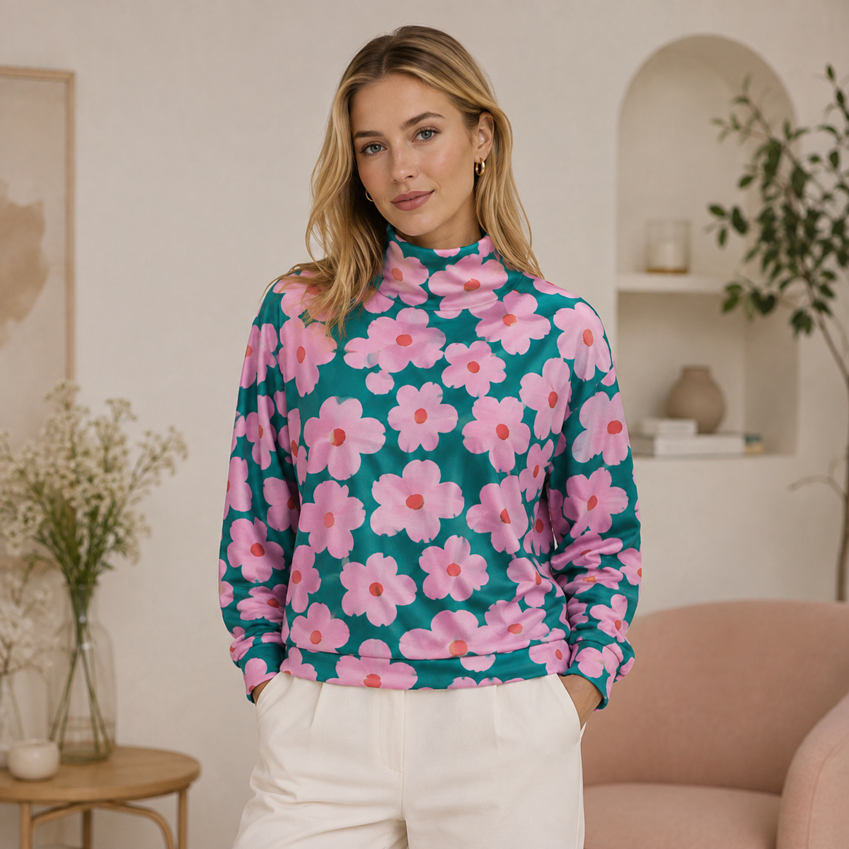 Laura | Damen Rollkragenpullover mit Blumen in Rosé und Grün