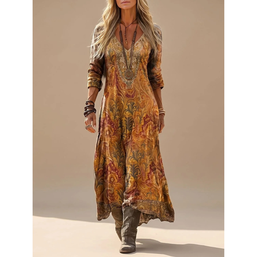 Lavinia | Damen Boho Maxikleid mit Langarm, V Ausschnitt und Vintage Paisley Muster