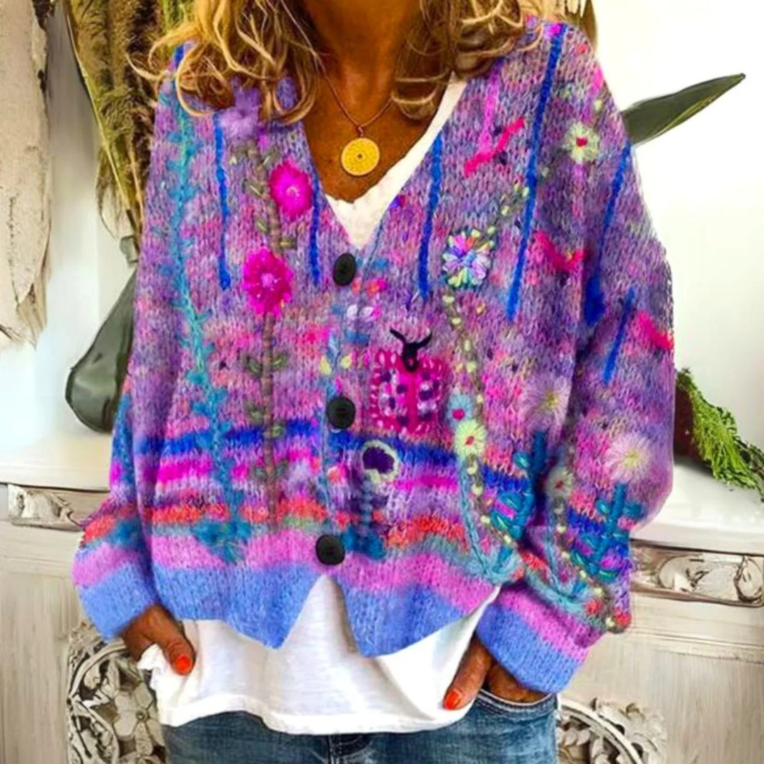 Lavinia | Damen Strickjacke mit V Ausschnitt, Knöpfen und Blumenmuster