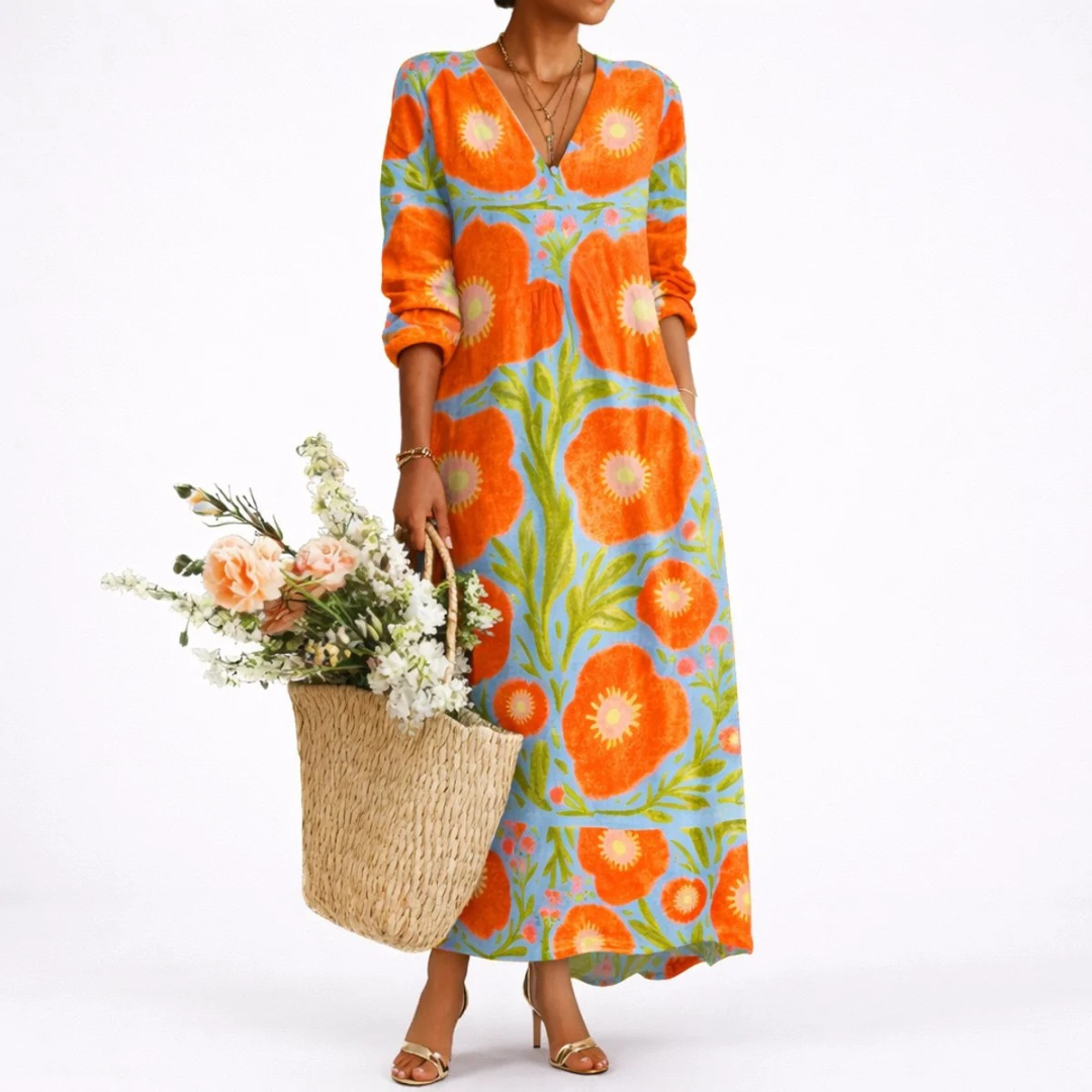 Lena | Damen Blumen Maxikleid mit V-Ausschnitt