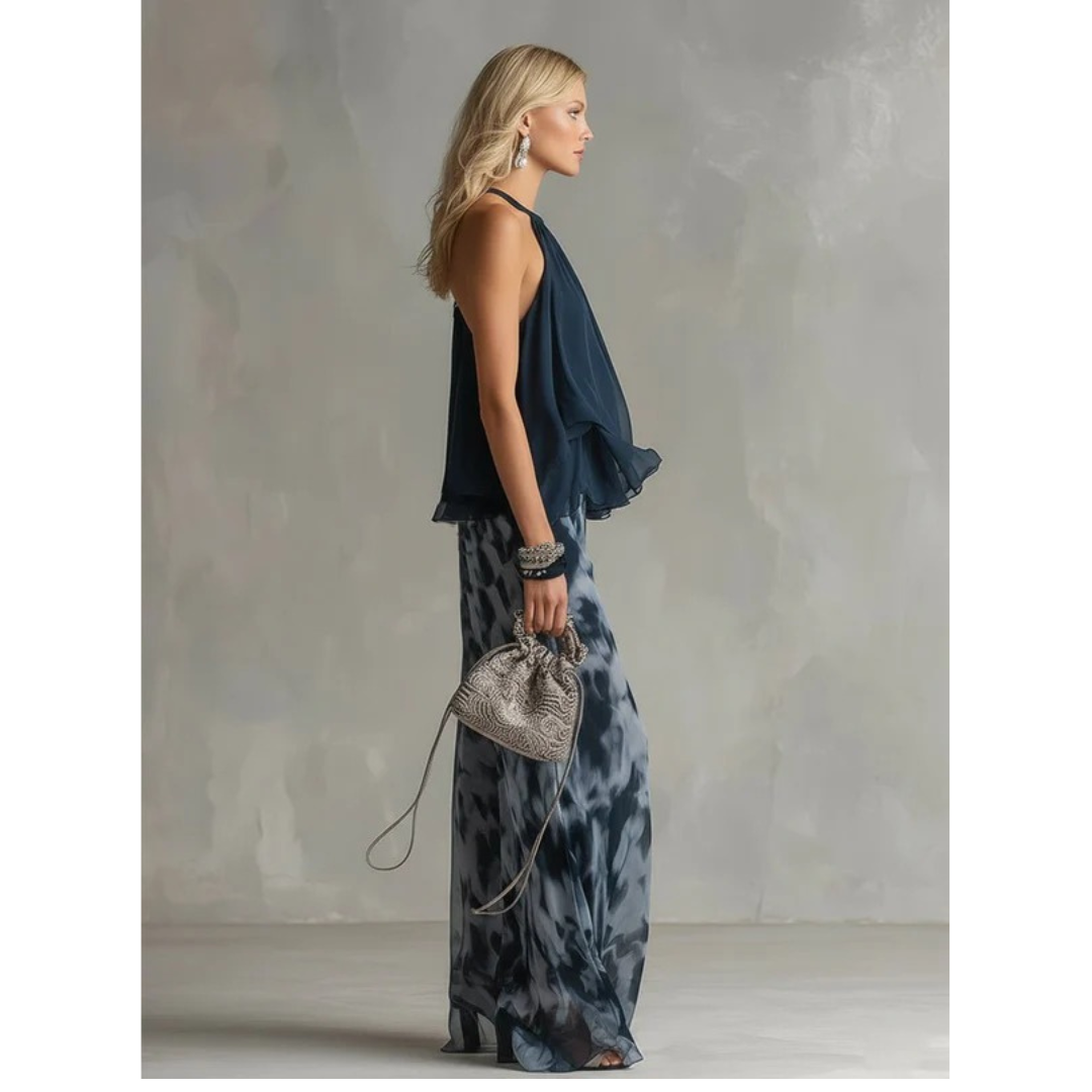 Leonie | Damen Marineblau Neckholder Zweiteiler Set