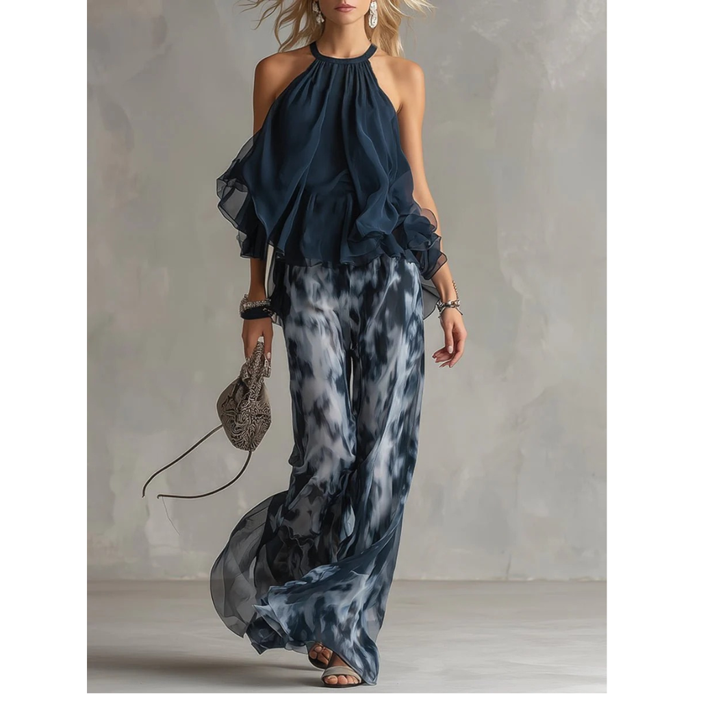 Leonie | Damen Marineblau Neckholder Zweiteiler Set