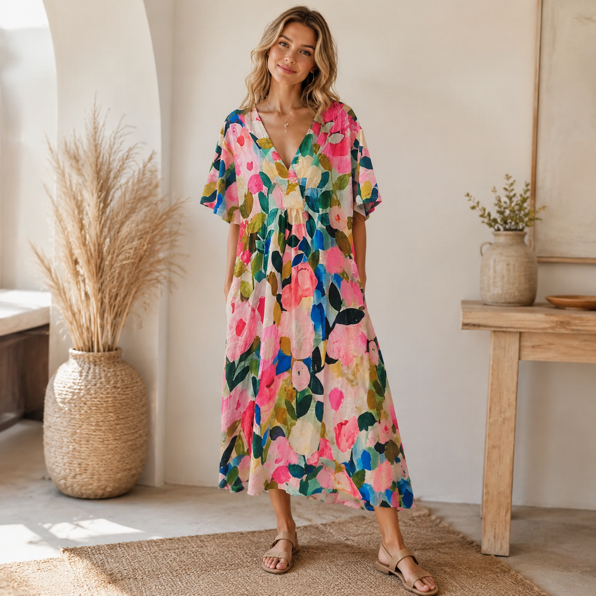 Levke | Damen Locker Leinen Midikleid