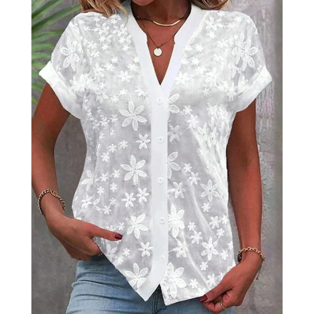Lies | Damen Weiße Sommerbluse Mit Stickerei