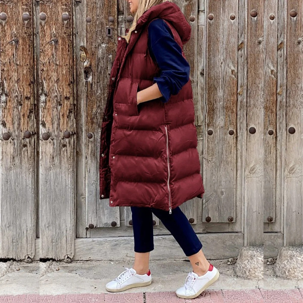 Lilian | Damen Lange Weste Mit Kapuze, Reißverschluss Und Komfort Design