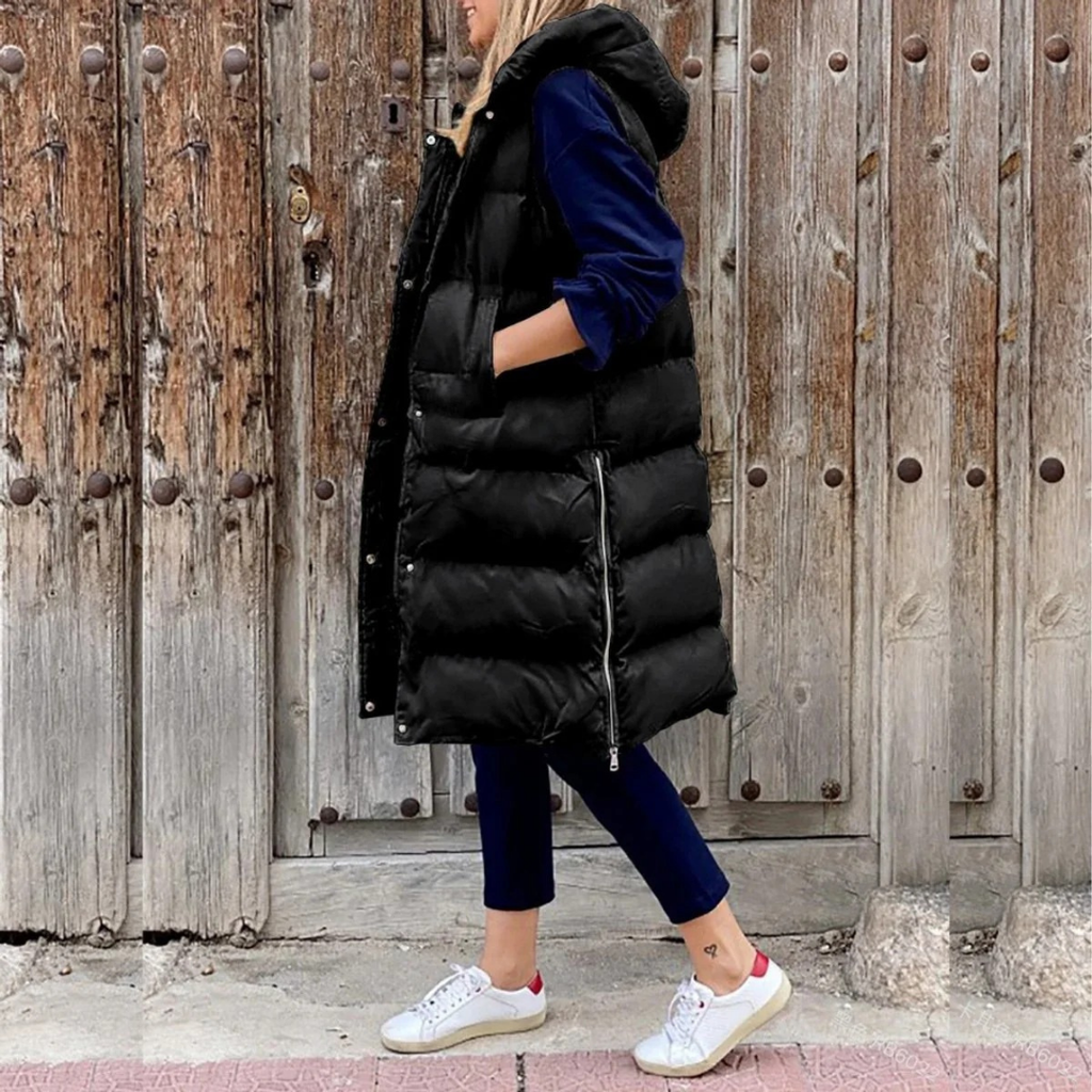 Lilian | Damen Lange Weste Mit Kapuze, Reißverschluss Und Komfort Design