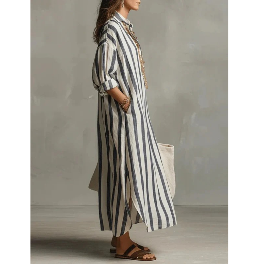 Lioba | Damen Elegante Gestreiftes Maxikleid Langarm