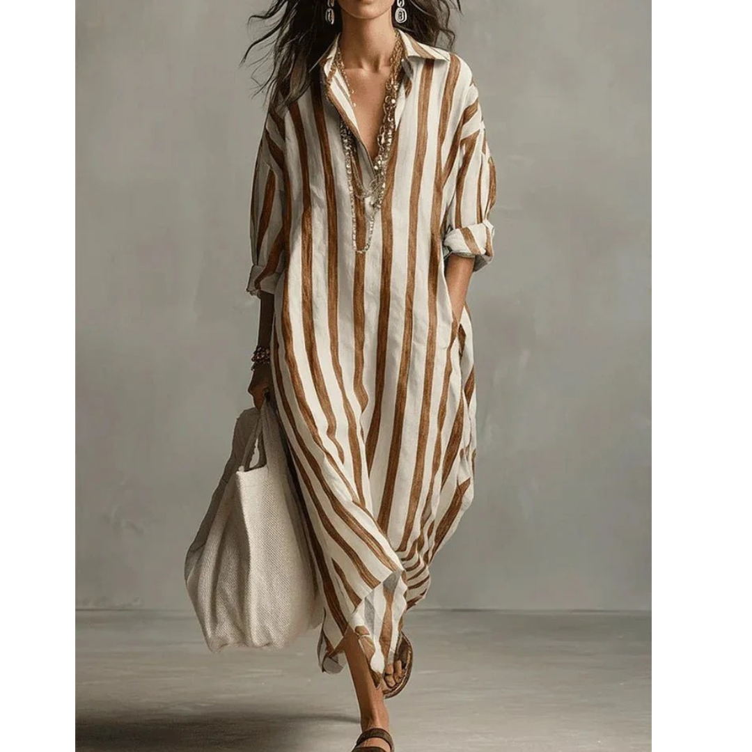 Lioba | Damen Elegante Gestreiftes Maxikleid Langarm