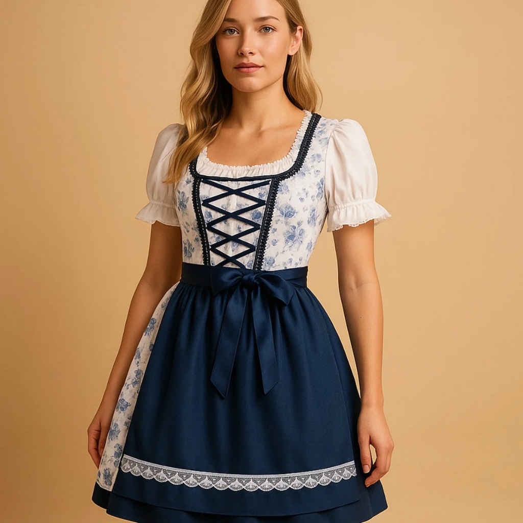 Lisbeth | Damen Blau Weiß Oktoberfest Dirndl mit Rosen Design und Schleifen Akzent