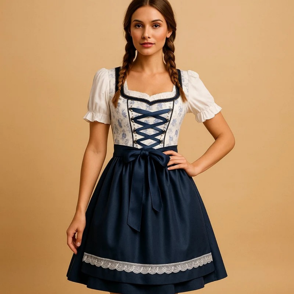 Lisbeth | Damen Blau Weiß Oktoberfest Dirndl mit Rosen Design und Schleifen Akzent