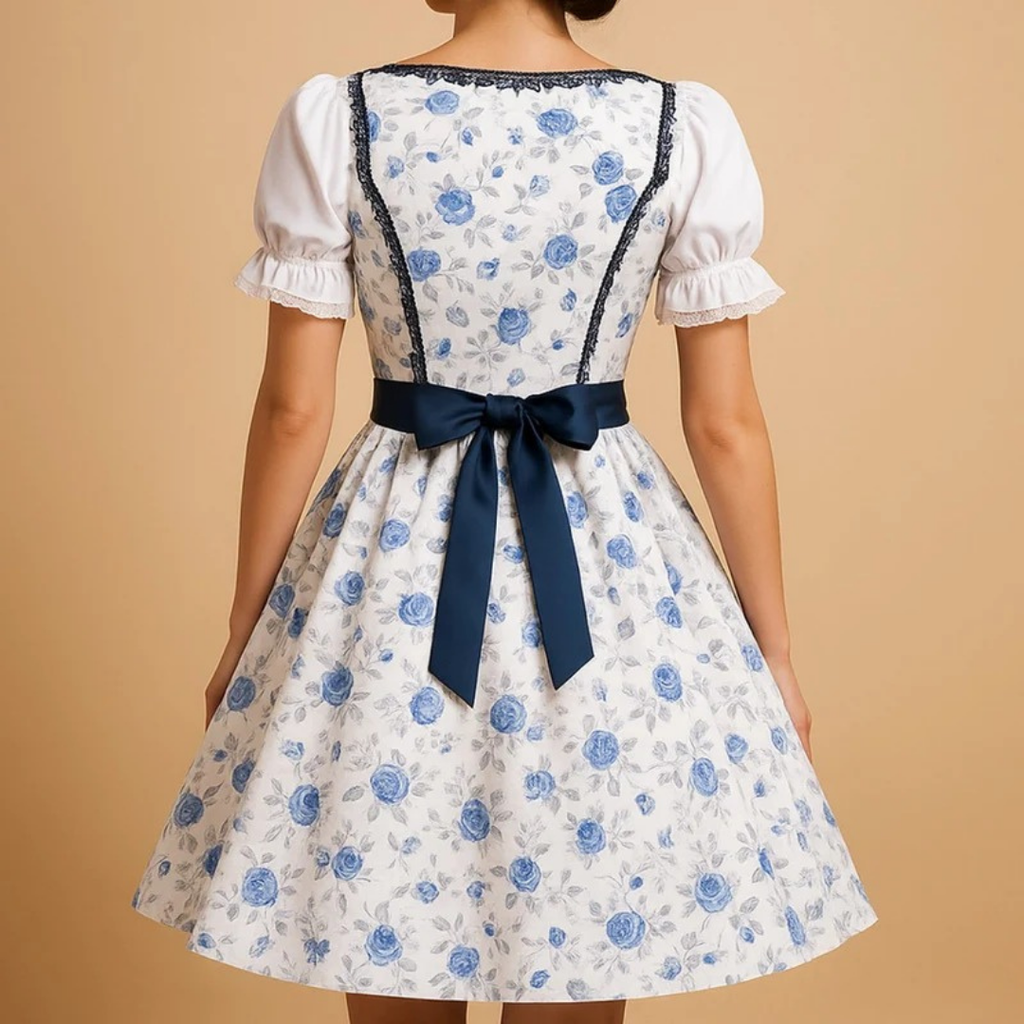 Lisbeth | Damen Blau Weiß Oktoberfest Dirndl mit Rosen Design und Schleifen Akzent