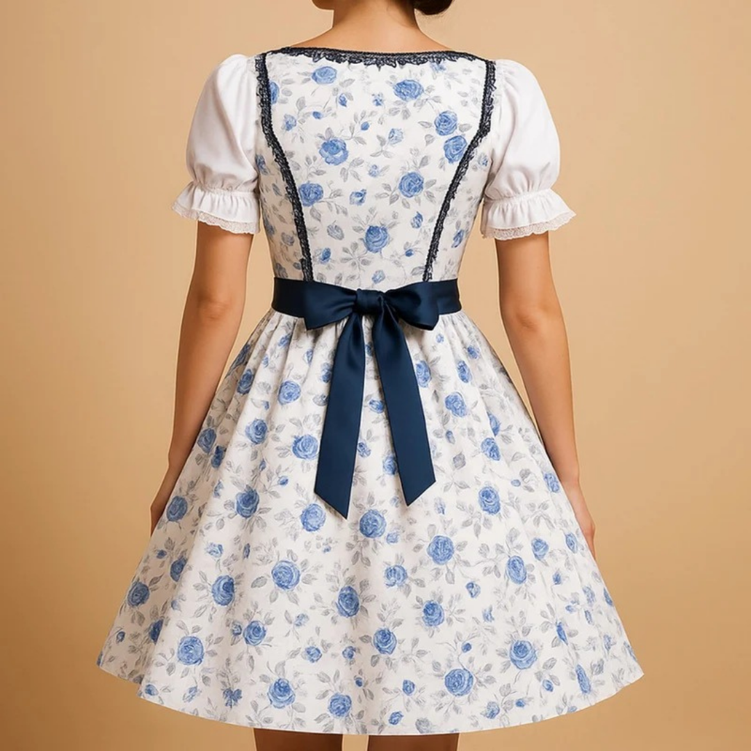 Lisbeth | Damen Blau Weiß Oktoberfest Dirndl mit Rosen Design und Schleifen Akzent