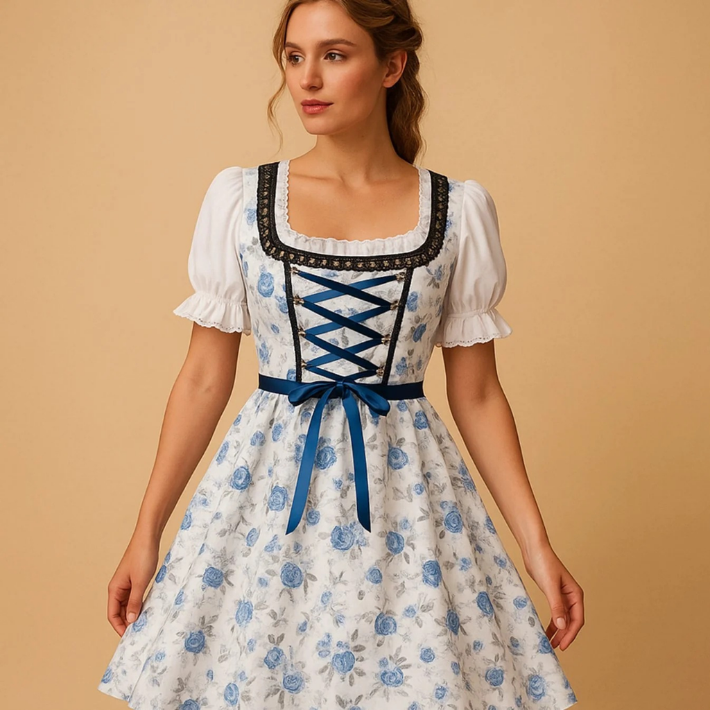 Lisbeth | Damen Blau Weiß Oktoberfest Dirndl mit Rosen Design und Schleifen Akzent