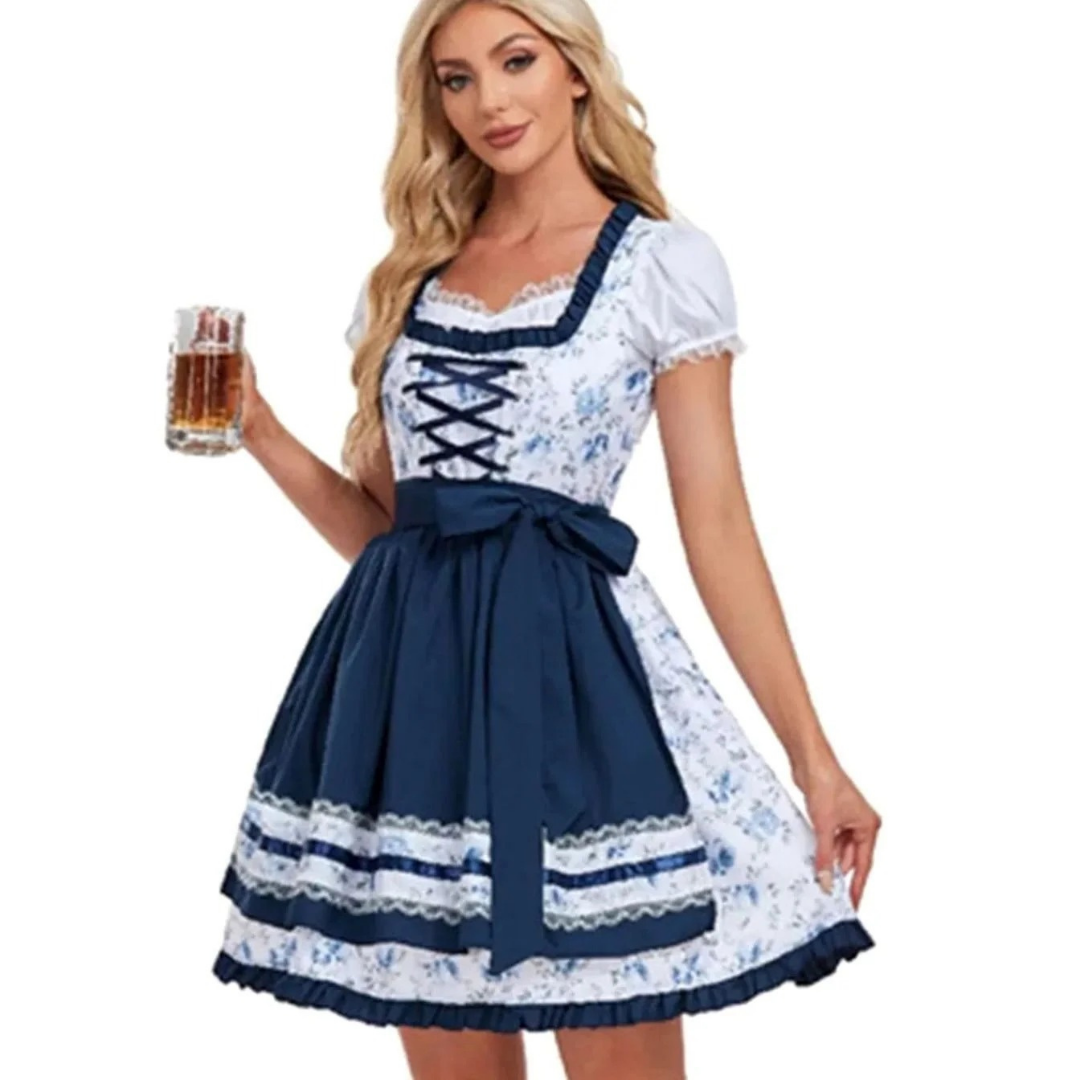 Liselotte | Damen Blaues Oktoberfest Dirndl Mit Blumenmuster Und Rock Verzierung