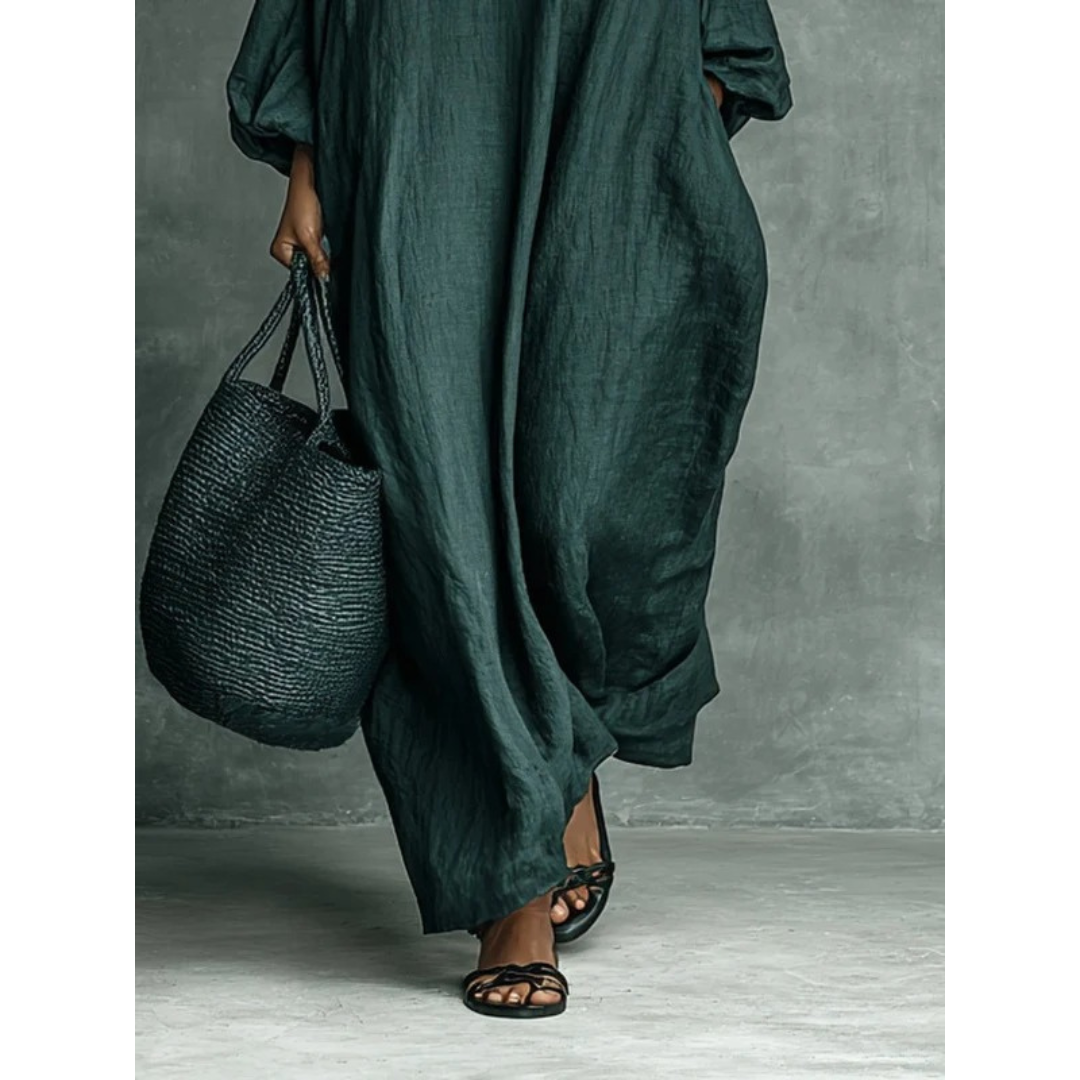 Livia | Damen Grünes Langarm Maxikleid mit Stickerei und Stehkragen