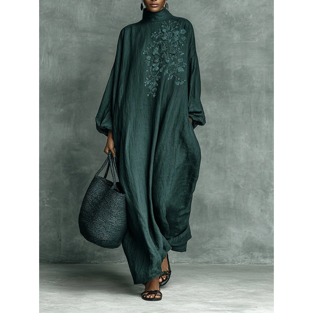 Livia | Damen Grünes Langarm Maxikleid mit Stickerei und Stehkragen