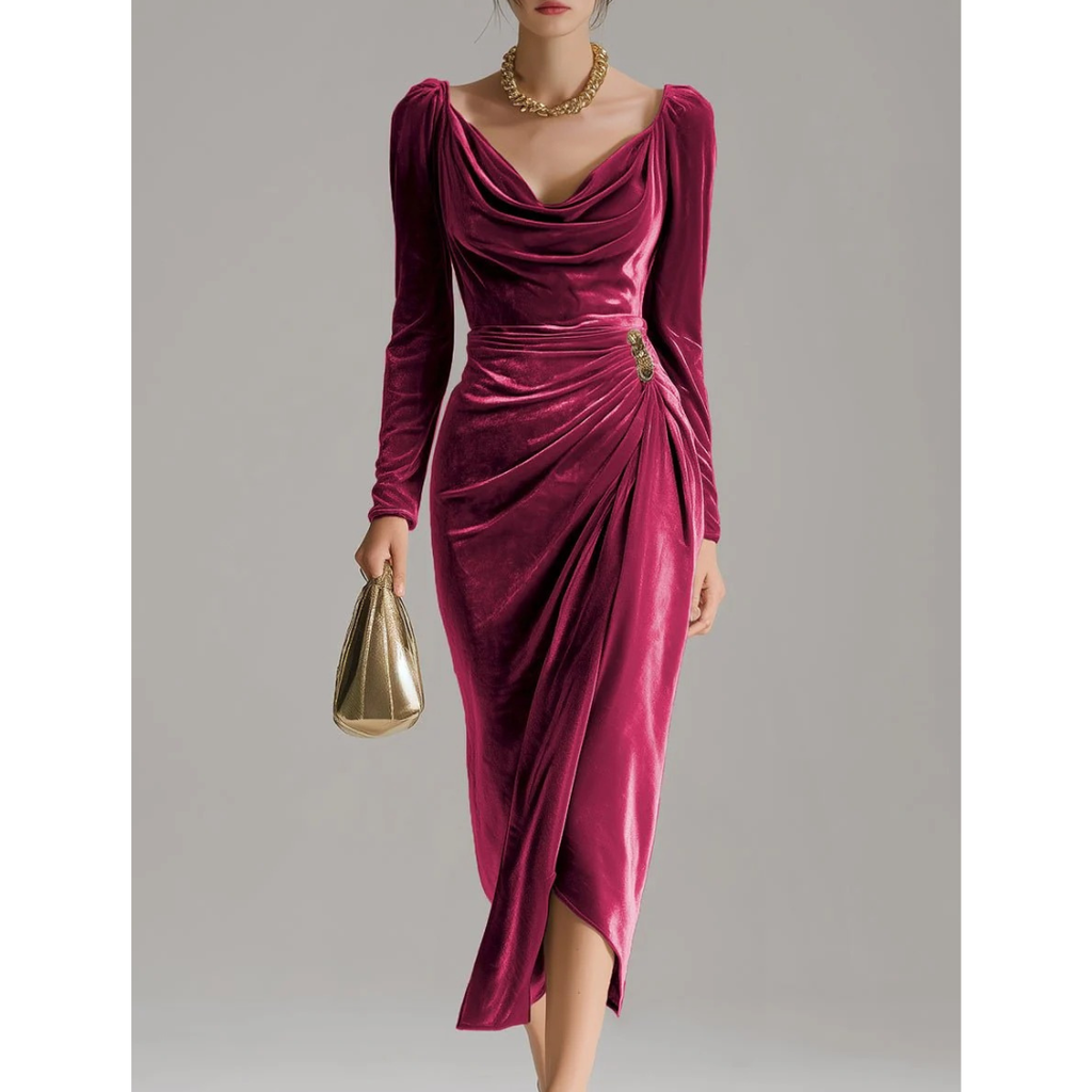 Luisa | Damen Samt Midi Abendkleid mit Weich Silhouette