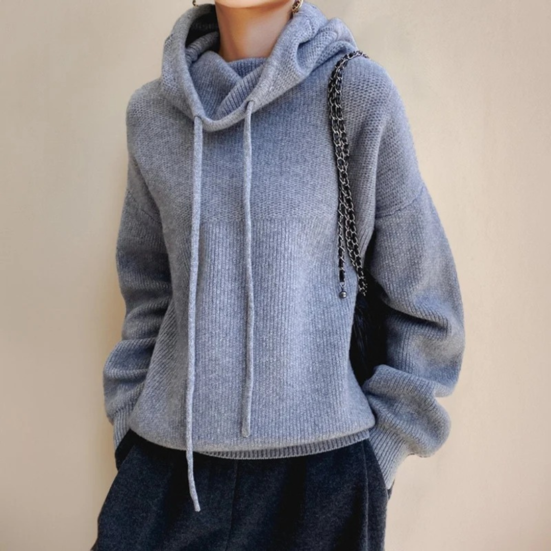Luisa | Damen Strickpullover Hoodie mit Kordelzug