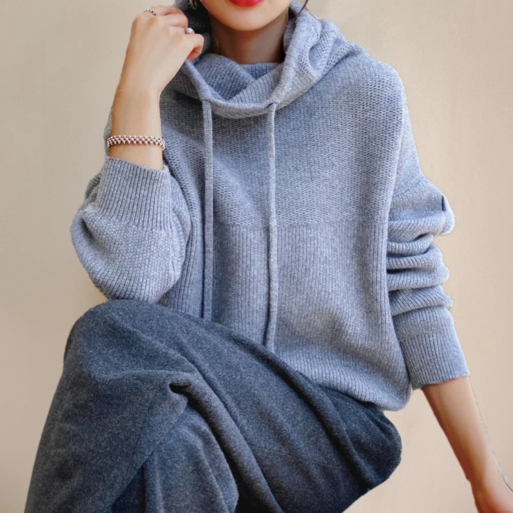 Luisa | Damen Strickpullover Hoodie mit Kordelzug