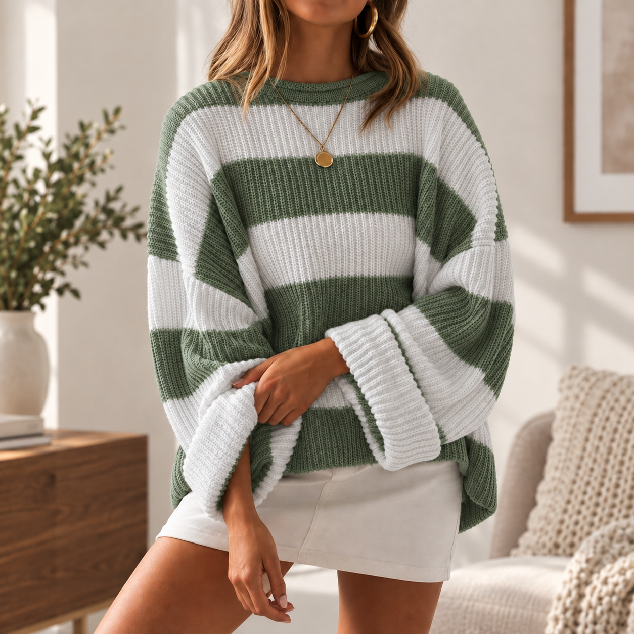 Luise | Damen Langarm Strickpullover mit Streifen und Oversized Schnitt