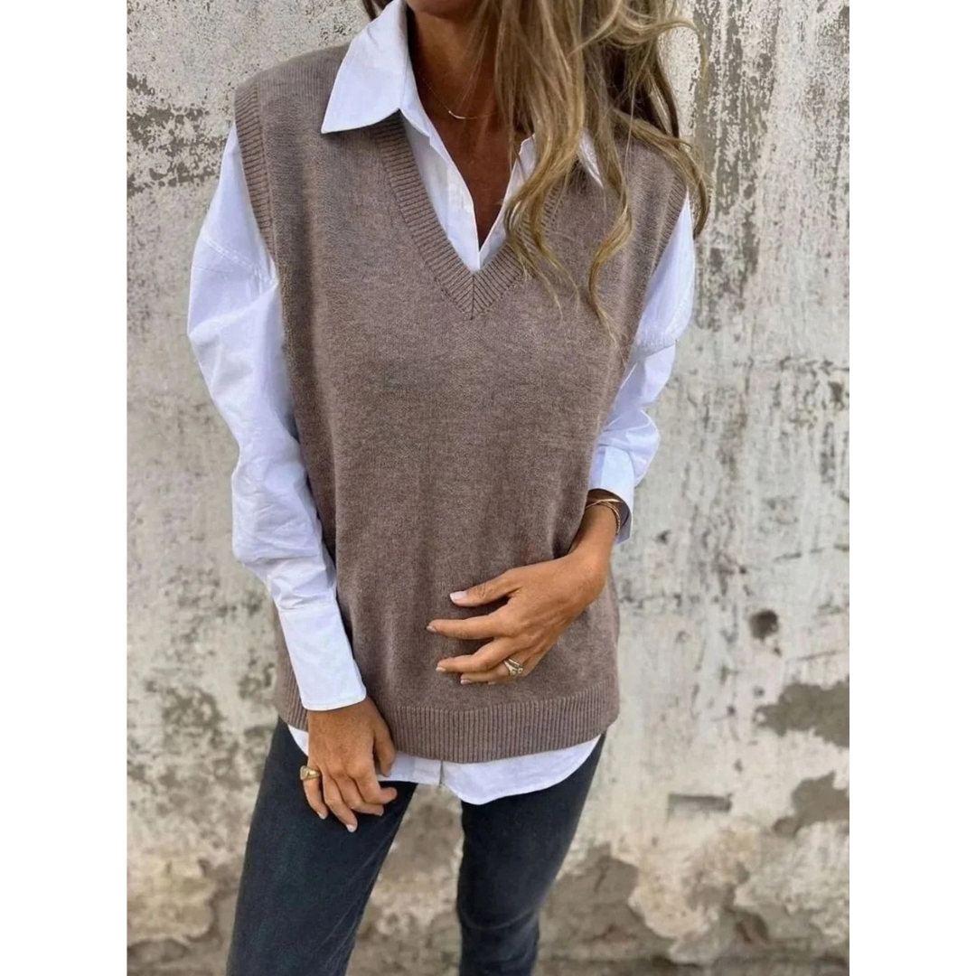 Luiza | Damen Ärmelloser Strickpullover mit V Ausschnitt