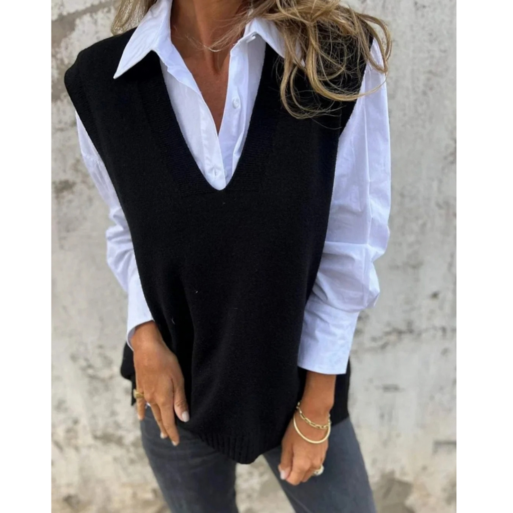 Luiza | Damen Ärmelloser Strickpullover mit V Ausschnitt