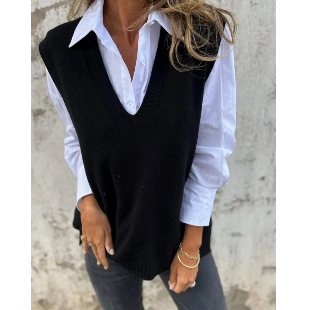 Luiza | Damen Ärmelloser Strickpullover mit V Ausschnitt