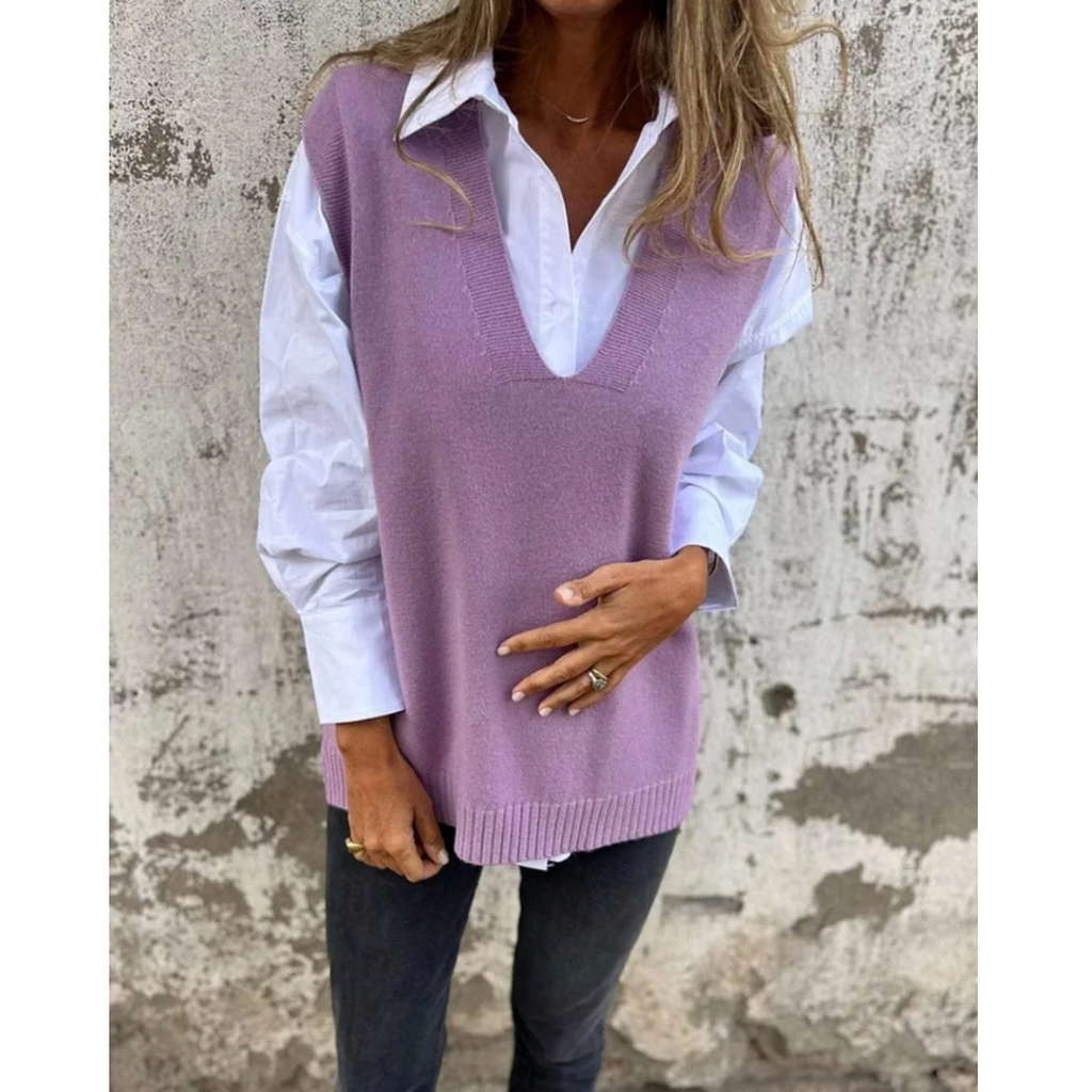Luiza | Damen Ärmelloser Strickpullover mit V Ausschnitt