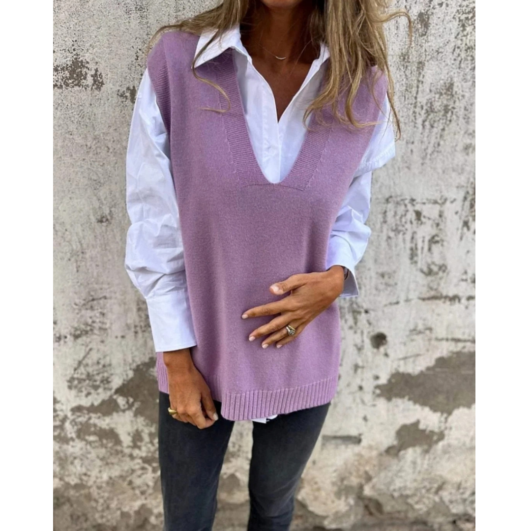 Luiza | Damen Ärmelloser Strickpullover mit V Ausschnitt