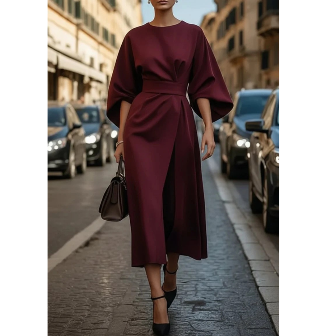 Lulu | Damen Stilvolles Cocktail-Midikleid Mit Taillengürtel
