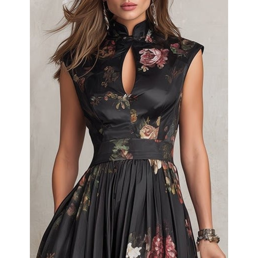 Magda | Damen Schwarzes Floral Satin Midikleid