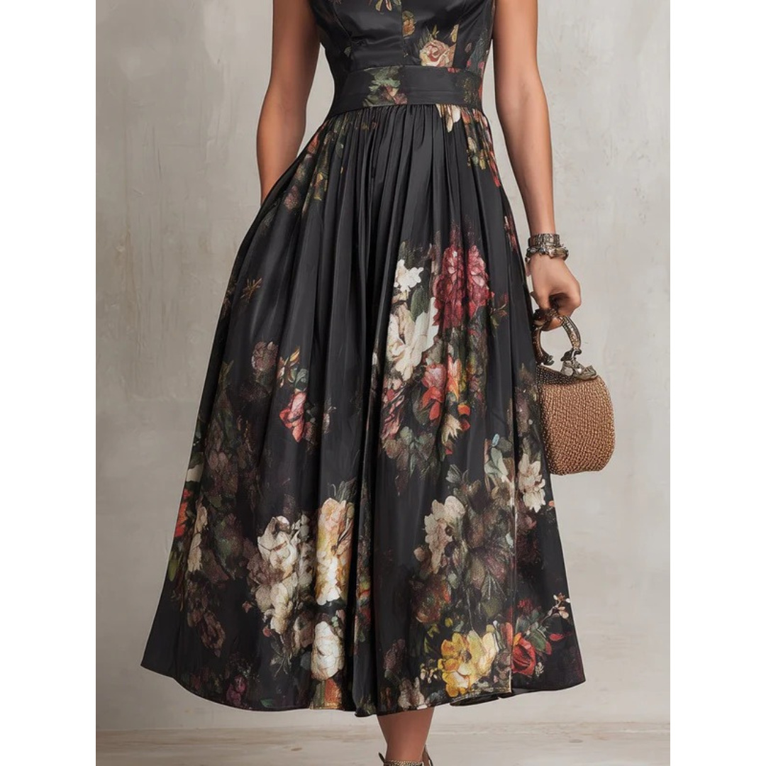 Magda | Damen Schwarzes Floral Satin Midikleid