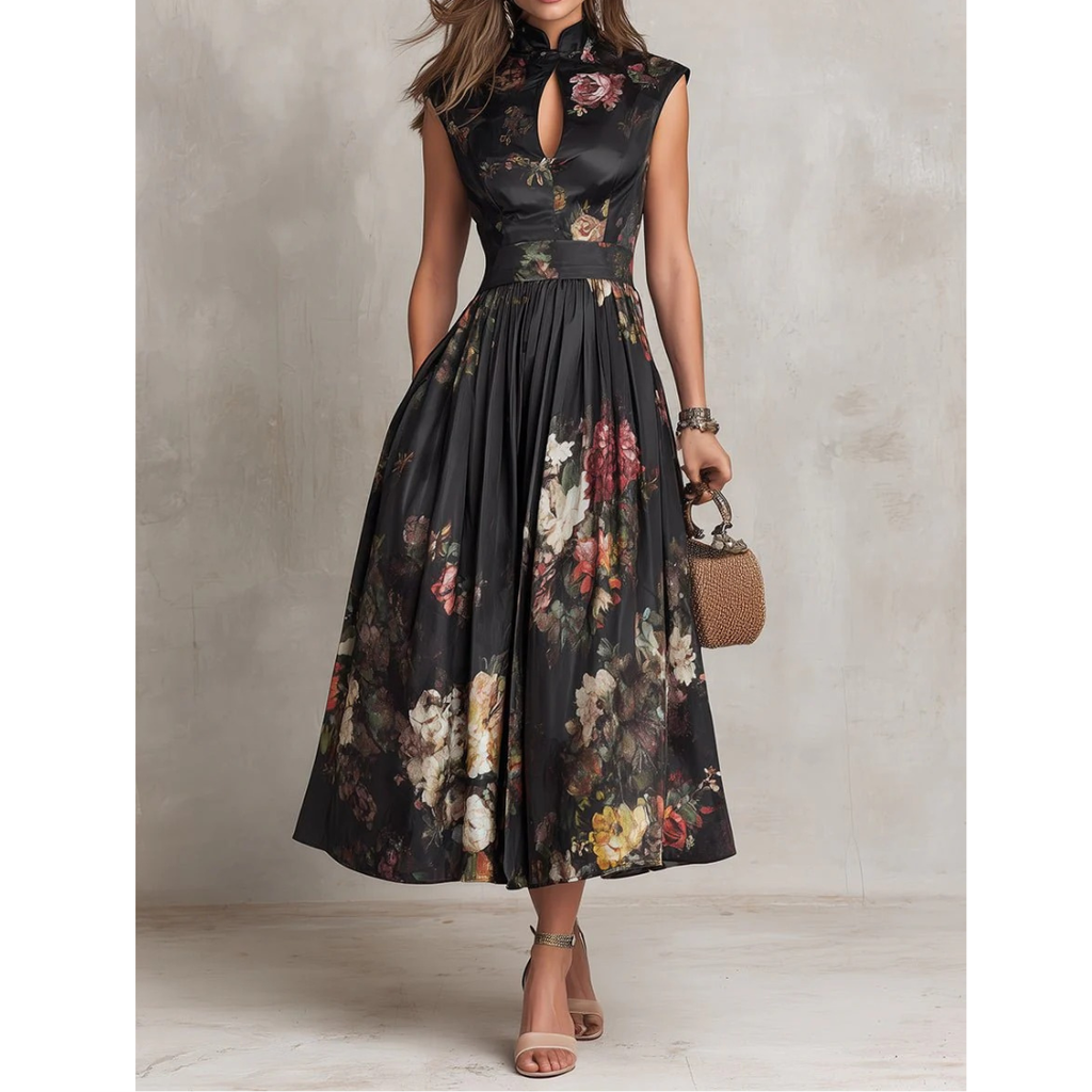 Magda | Damen Schwarzes Floral Satin Midikleid