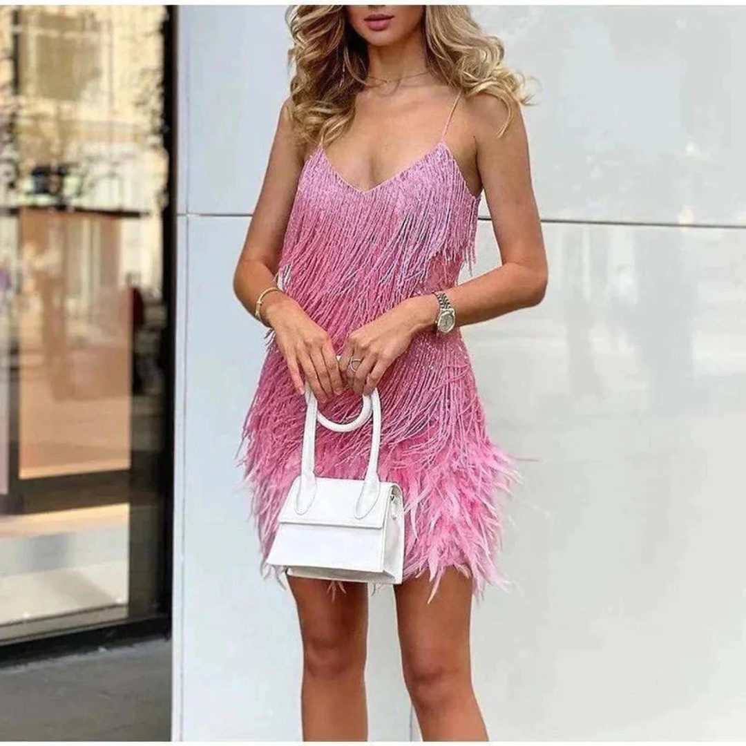 Malou | Damen Glitzer Cocktail Minikleid mit Fransen