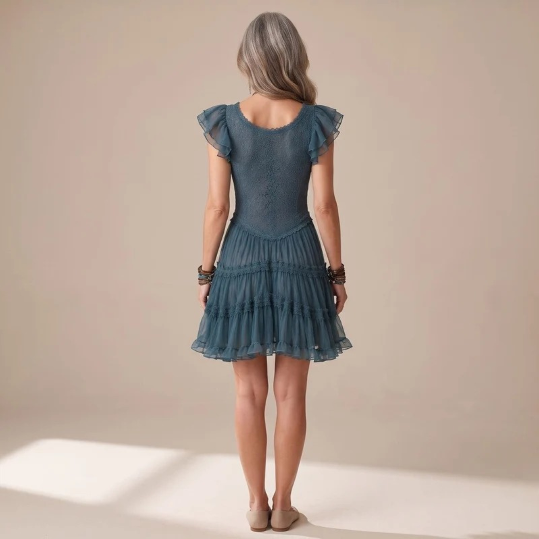 Mandy | Damen Blaues Abendkleid mit Spitze und V-Ausschnitt