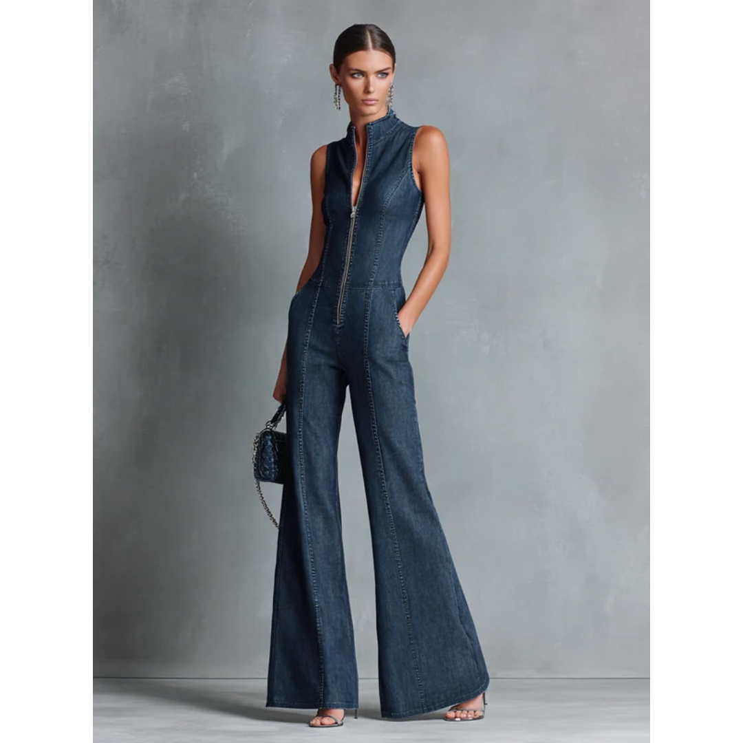 Manuela | Damen Blau Denim Jumpsuit mit weitem Bein