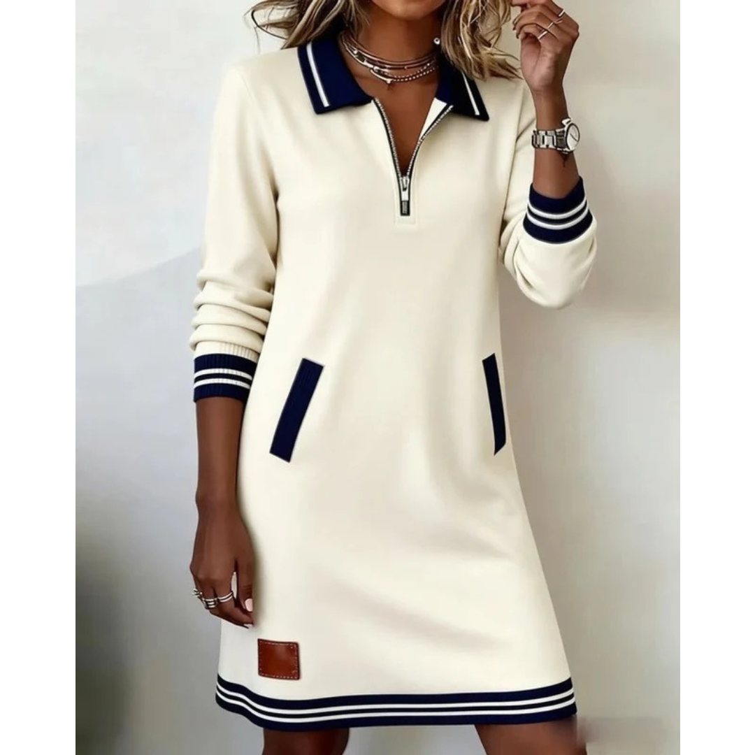 Mara | Damen Langarm Midikleid mit Kragen und Taschen