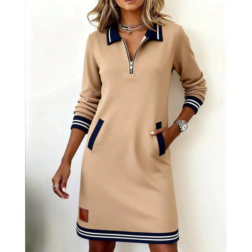 Mara | Damen Langarm Midikleid mit Kragen und Taschen