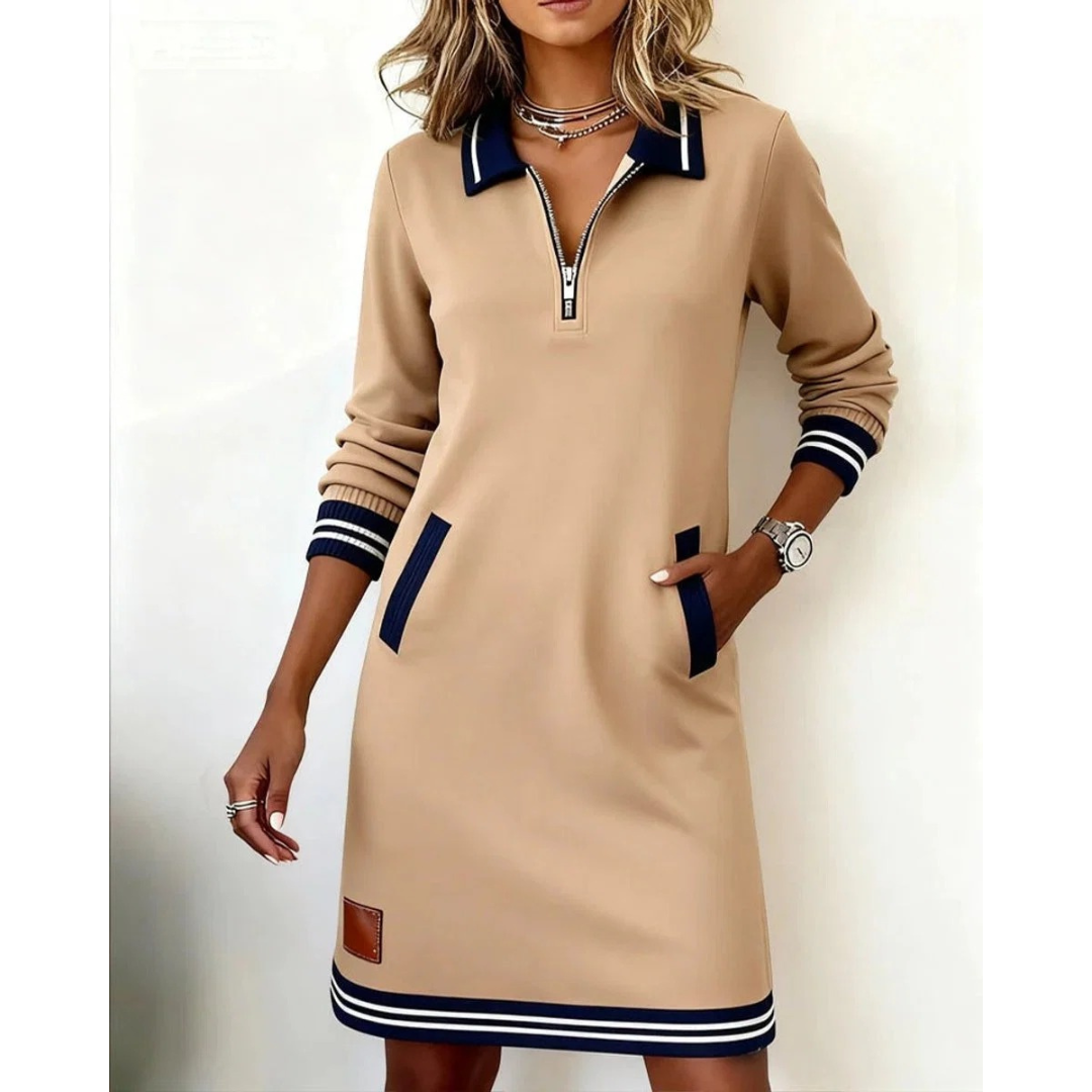 Mara | Damen Langarm Midikleid mit Kragen und Taschen