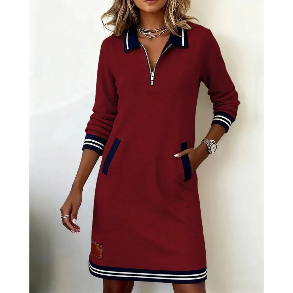 Mara | Damen Langarm Midikleid mit Kragen und Taschen