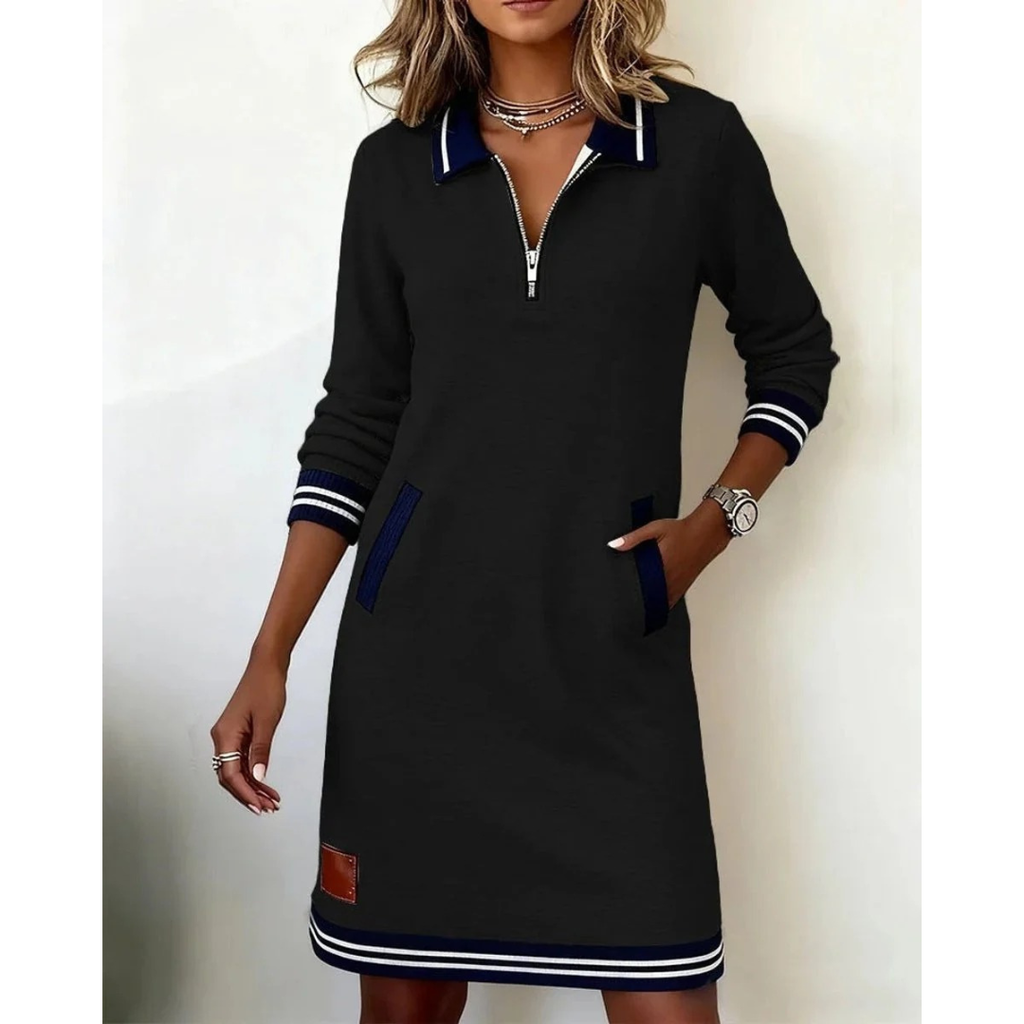 Mara | Damen Langarm Midikleid mit Kragen und Taschen