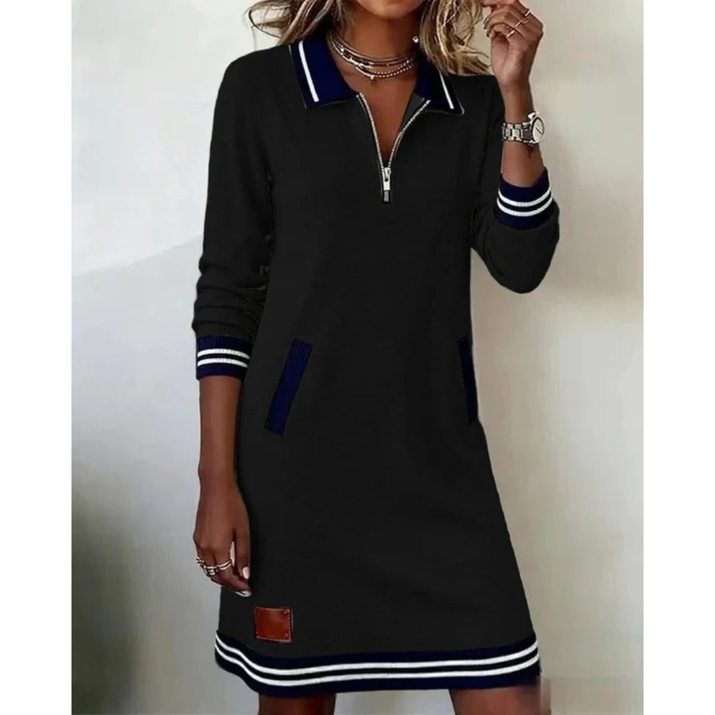 Mara | Damen Langarm Midikleid mit Kragen und Taschen