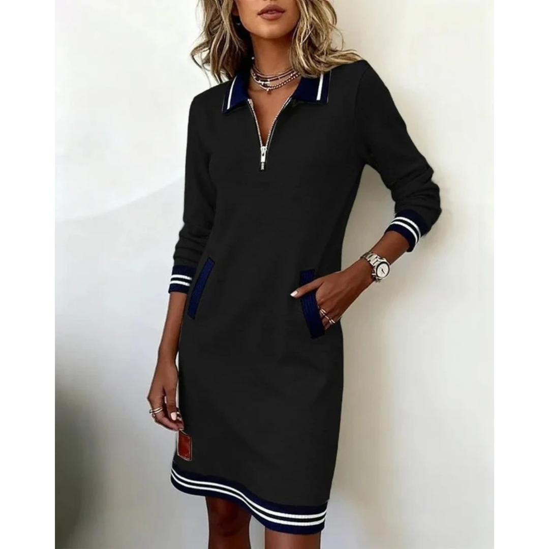 Mara | Damen Langarm Midikleid mit Kragen und Taschen
