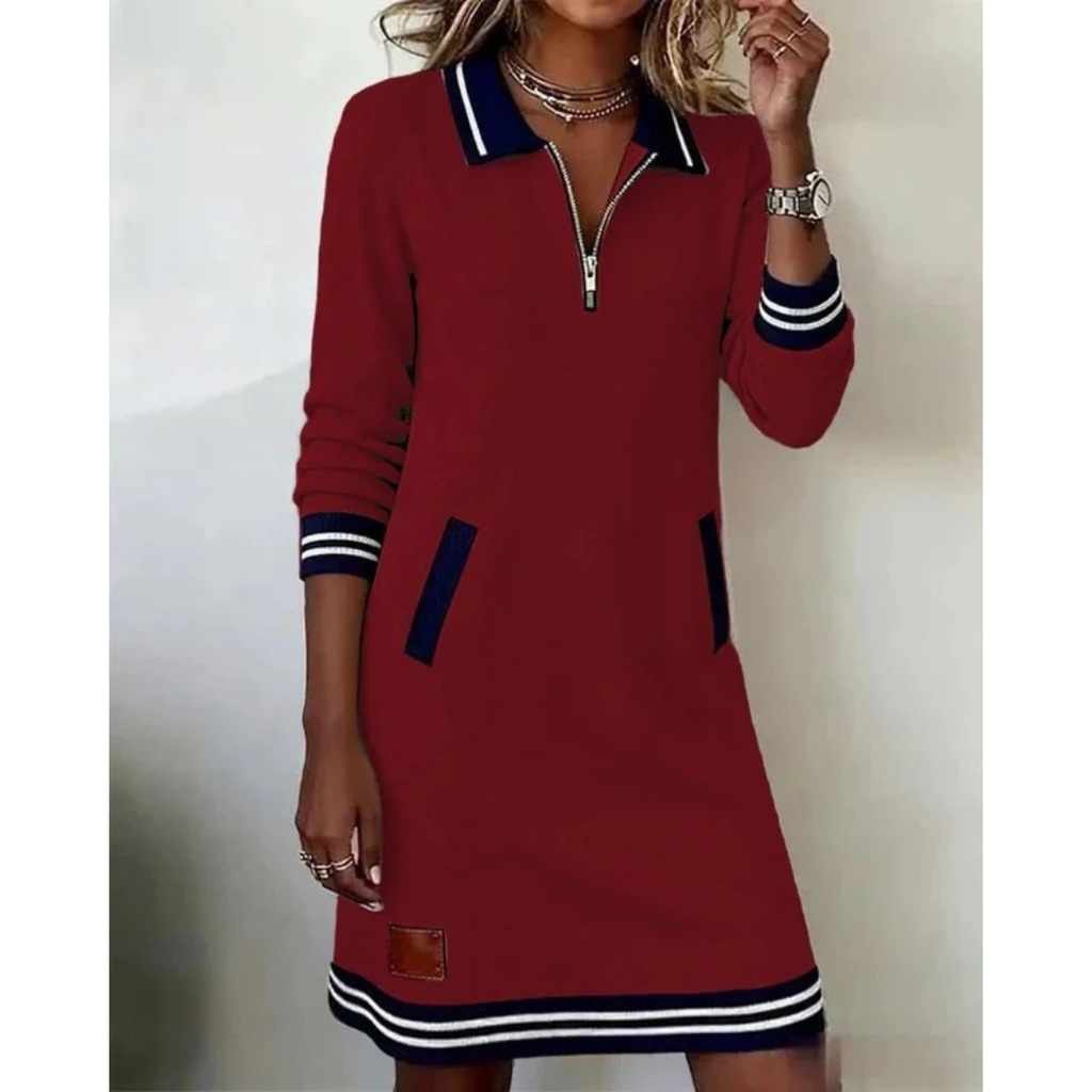 Mara | Damen Langarm Midikleid mit Kragen und Taschen