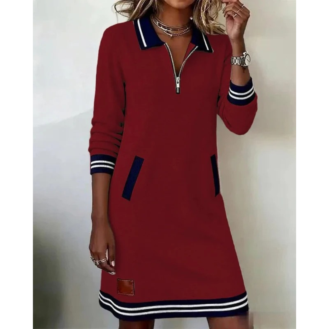 Mara | Damen Langarm Midikleid mit Kragen und Taschen
