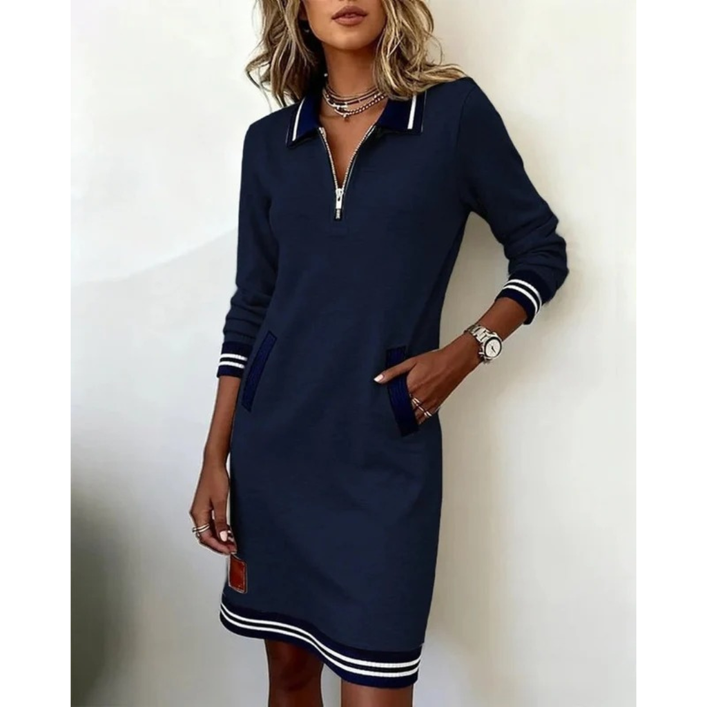 Mara | Damen Langarm Midikleid mit Kragen und Taschen
