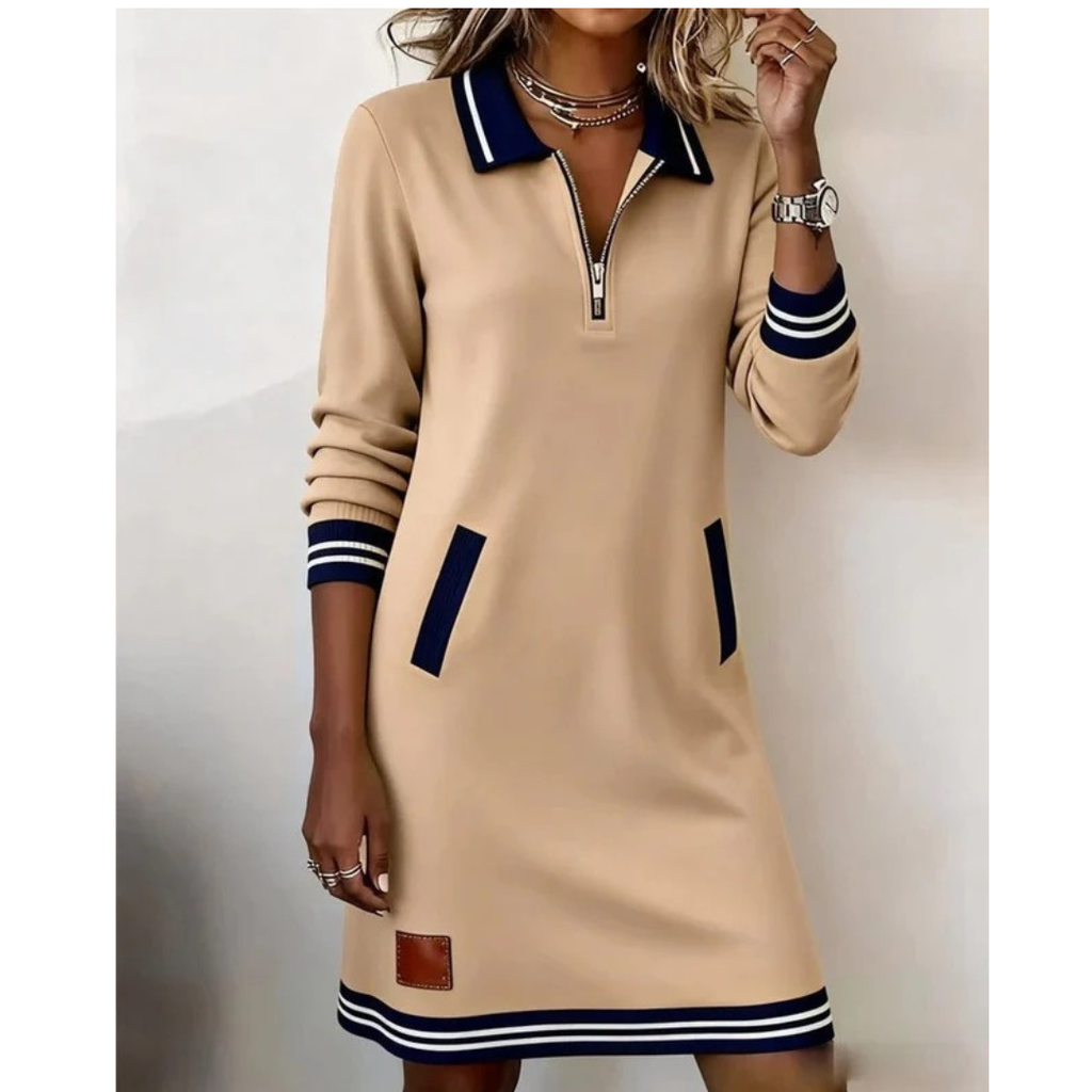 Mara | Damen Langarm Midikleid mit Kragen und Taschen