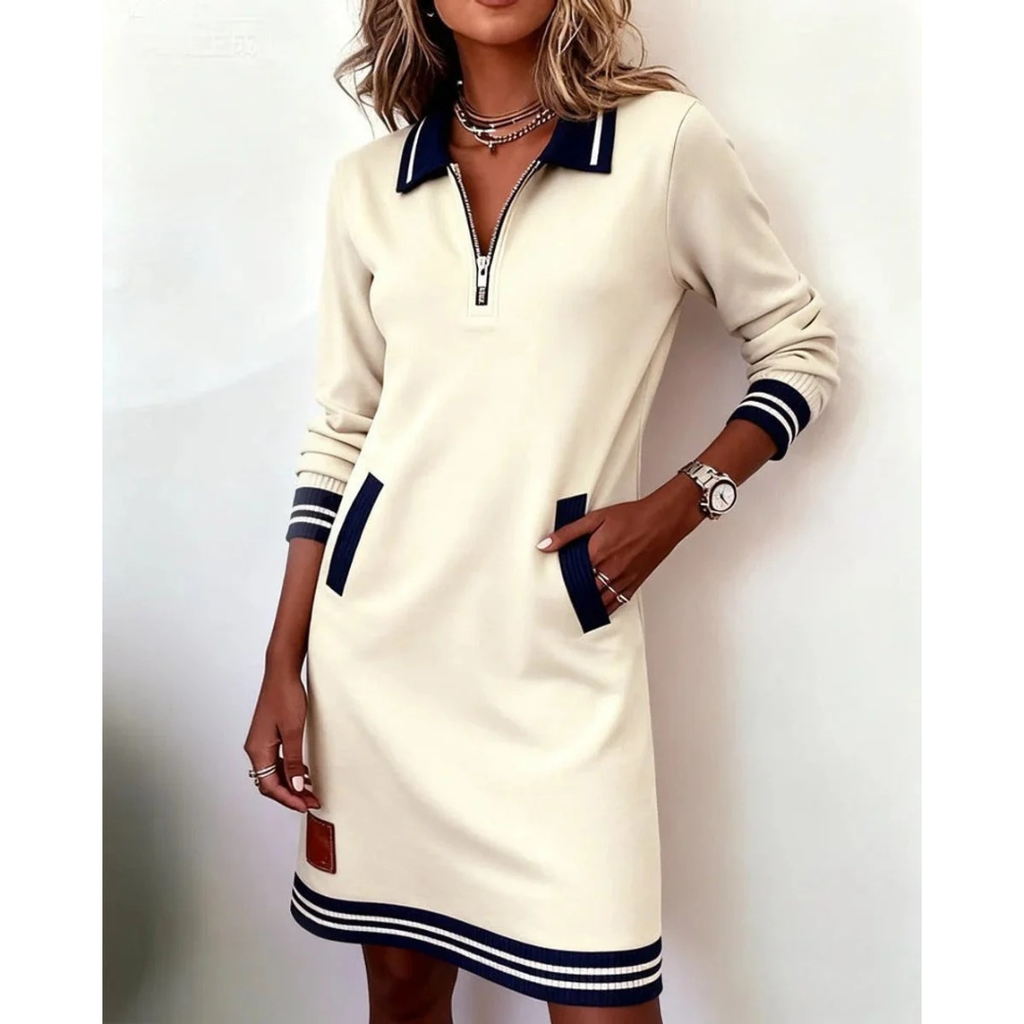 Mara | Damen Langarm Midikleid mit Kragen und Taschen