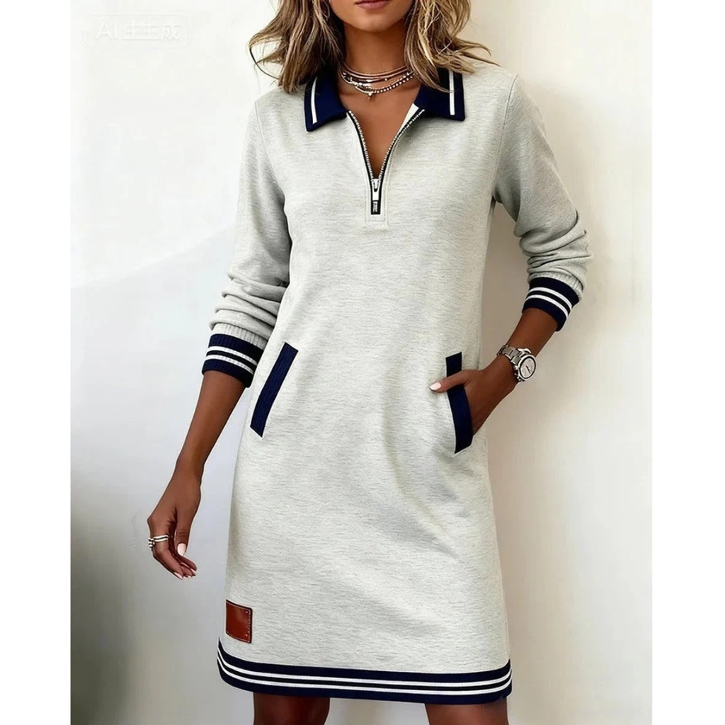 Mara | Damen Langarm Midikleid mit Kragen und Taschen