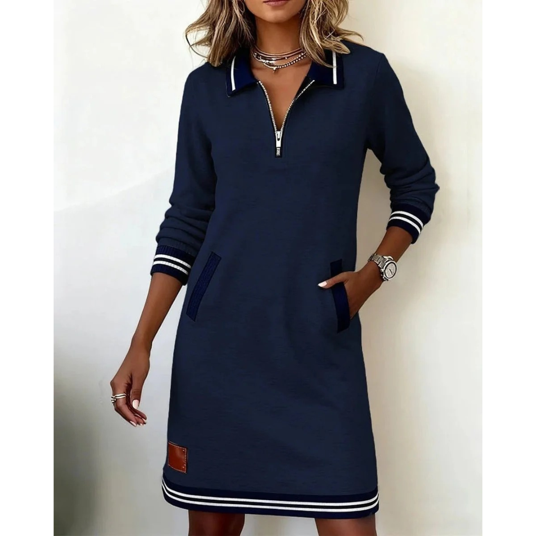 Mara | Damen Langarm Midikleid mit Kragen und Taschen